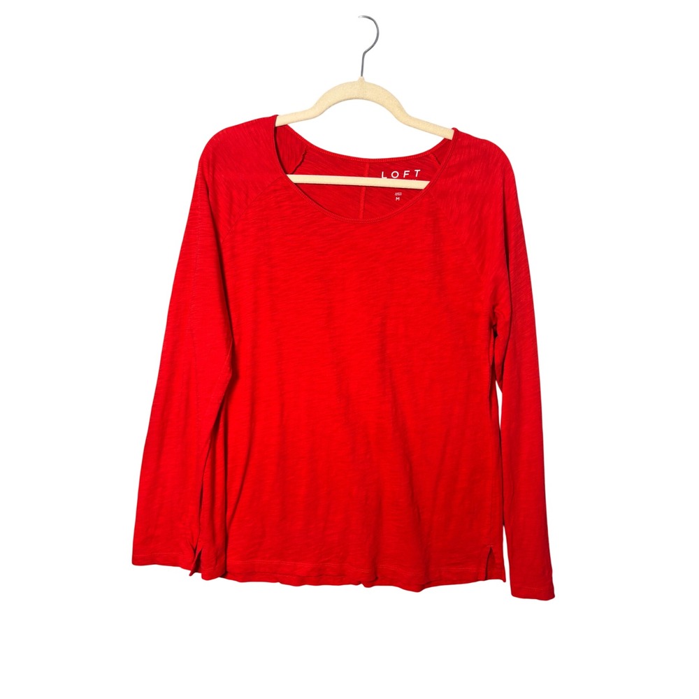LOFT Women Vintage Soft Long Sleeve Top M Red Slub Knit Raglan Casual Minimalist